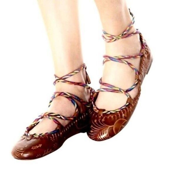 Valentino Brown Leather Bohemian Lace-Up Ballet Flats Shoes - Picture 2 of 7